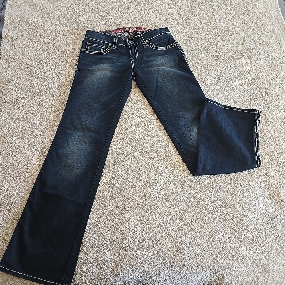 Adiktd Dark Wash Embroidered Rhinestone Studded Bootcut Jeans Size 6/33 Y2K - Picture 16 of 16